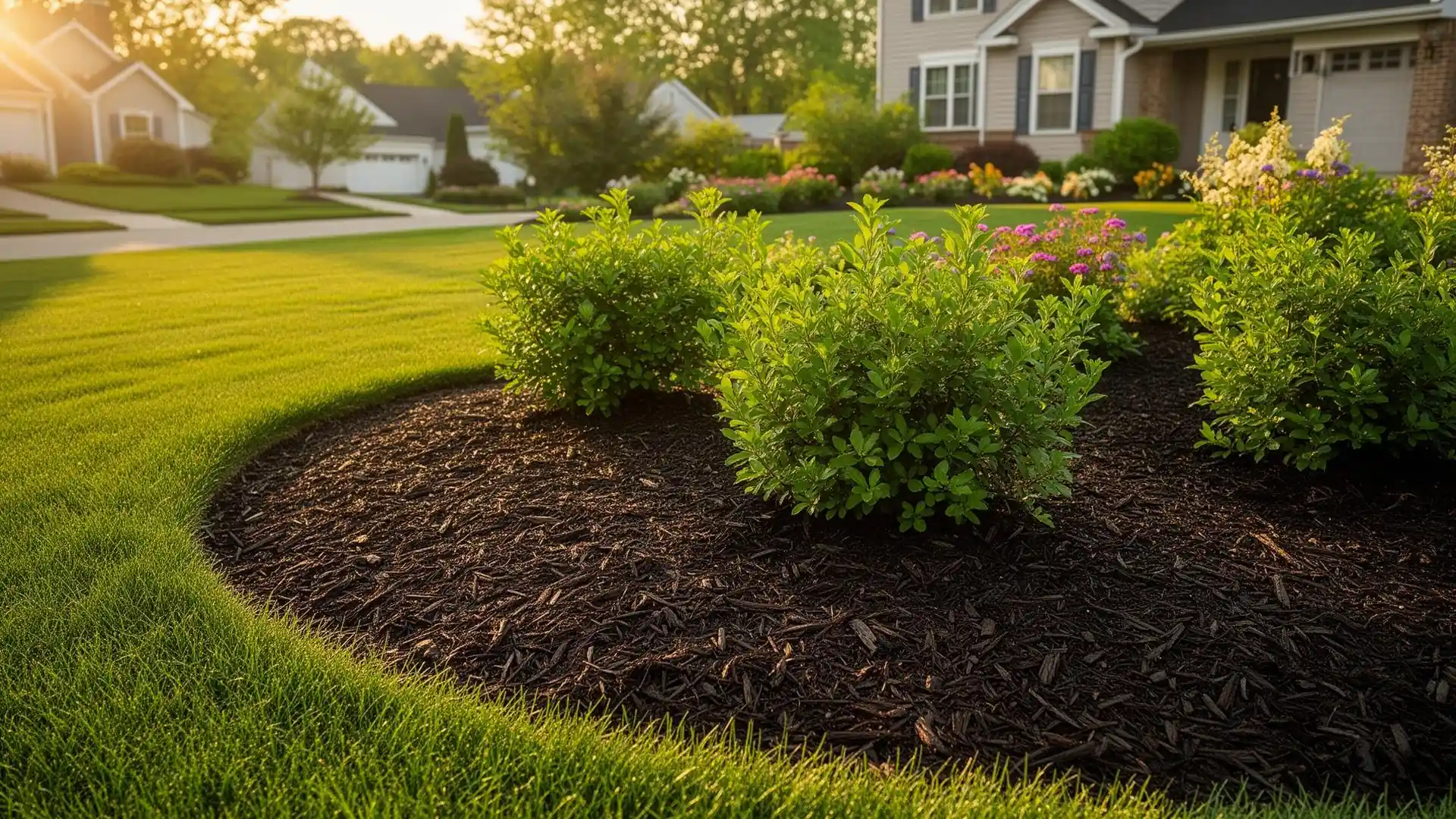 Professional mulch installation in Western New York suburban yard
